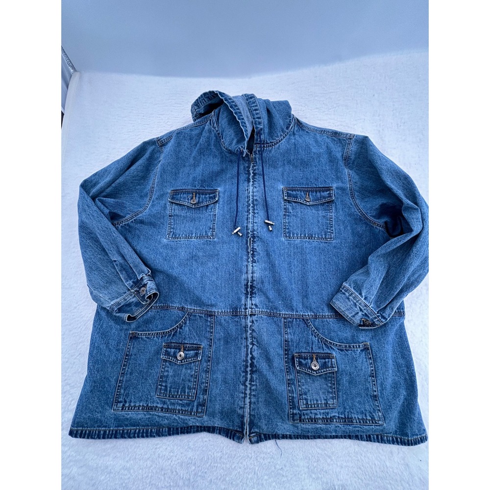 LA Blues Women Blue Denim Hooded Zip Up Utility Jacket Plus Size 3X Jean Coat.
